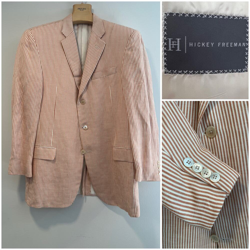 Hickey Freeman Silk Linen 3 Button Pinstripes Suit Jacket Orange White 42R JL